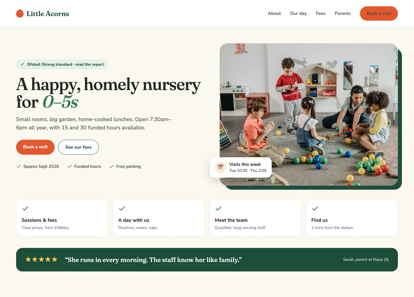 After: a clean, modern nursery website with a real photo, Ofsted rating, opening hours and a Book a visit button