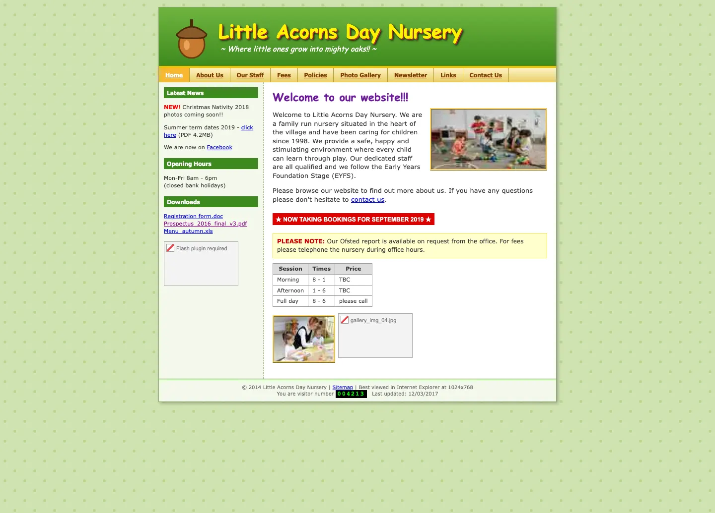 Before: a dated nursery website with clip-art, old term dates, 'please call' for fees and broken images