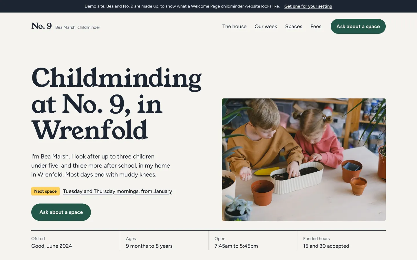 No. 9 Childminding demo homepage: childminding at No. 9, in Wrenfold, with the next free space