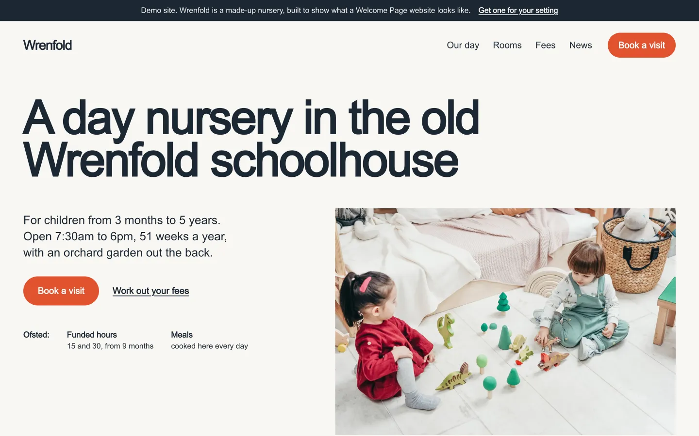 Wrenfold Nursery demo homepage: a day nursery in the old schoolhouse, with a Book a visit button