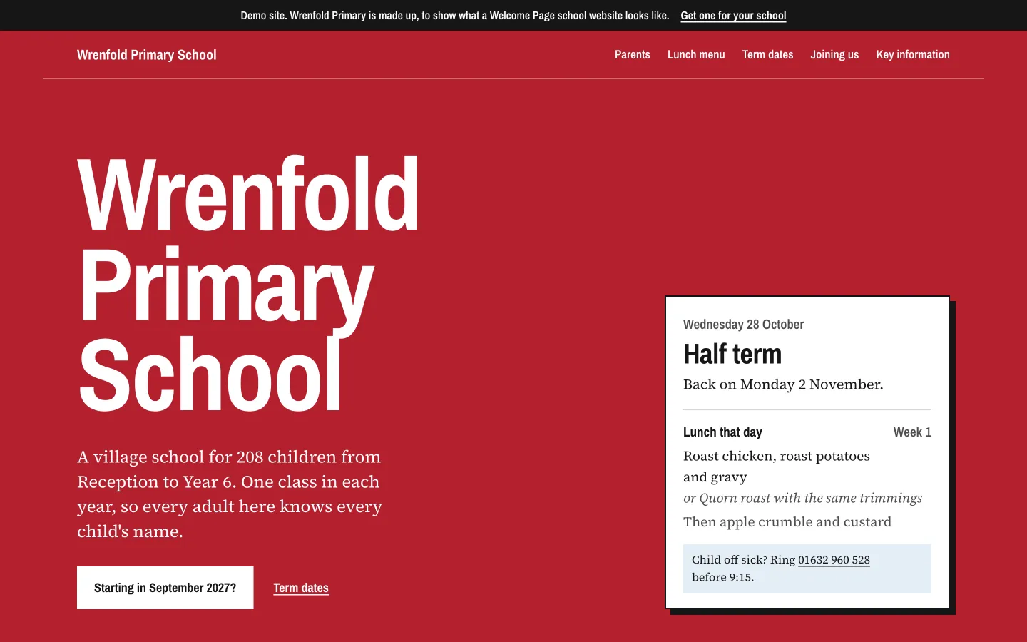 Wrenfold Primary School demo homepage in red: a Today panel saying half term, back on Monday 2 November