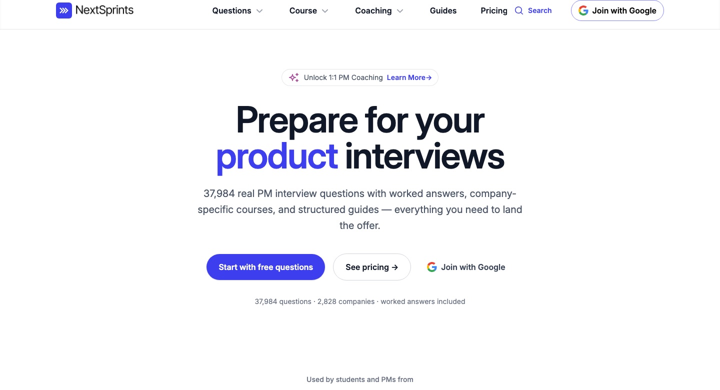 NextSprints homepage with the headline Prepare for your product interviews
