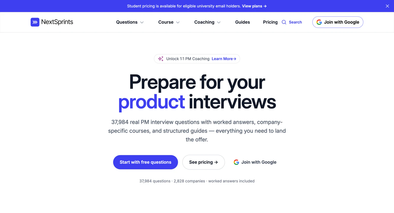 NextSprints homepage with the headline Prepare for your product interviews