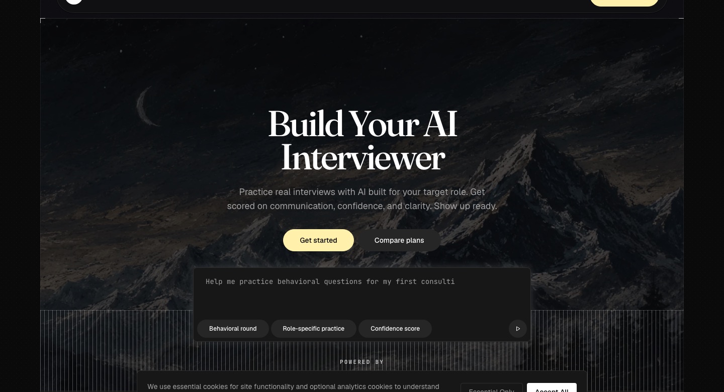 NexxaScreen homepage: dark mountain scene with the headline Build Your AI Interviewer