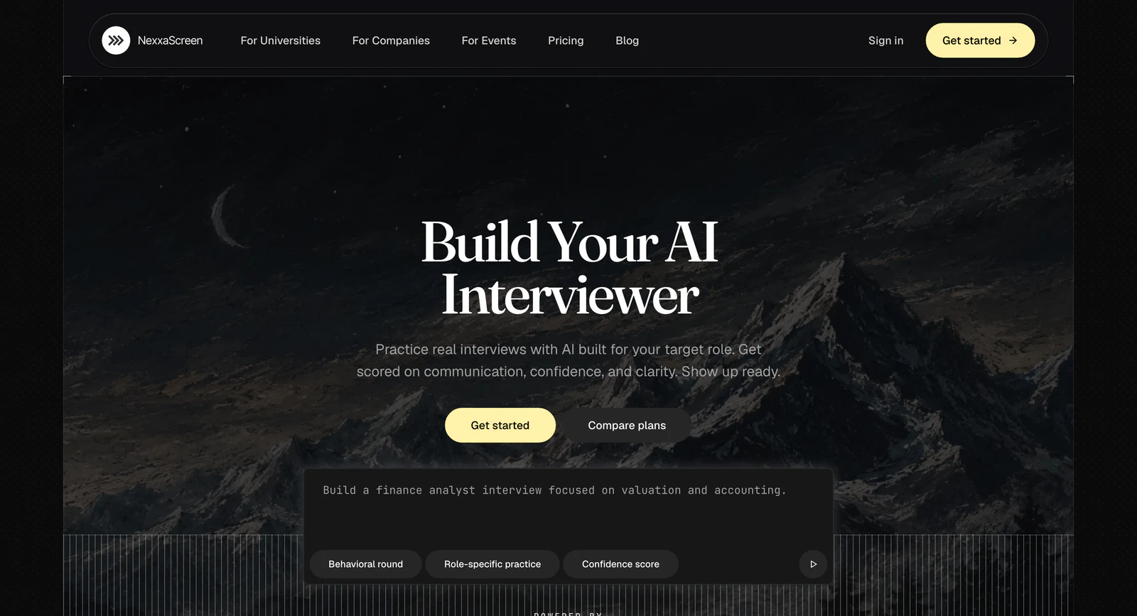 NexxaScreen homepage: dark mountain scene with the headline Build Your AI Interviewer